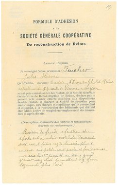 « Formule d’adhésion à la société générale coopérative de reconstruction de Reims », 1921 