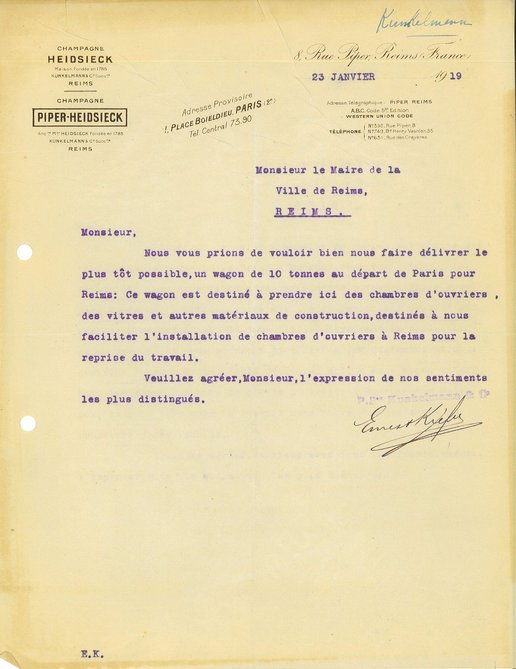Lettre de la société champagne Heidsieck demandant au maire l’obtention d’un wagon pour transporter des chambres d’ouvriers, 23 janvier 1919 