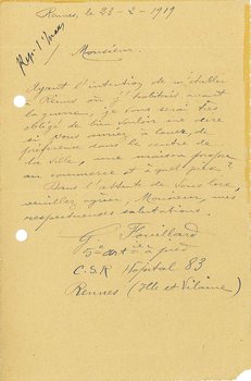 Lettre de monsieur Fouillard adressée au maire dans laquelle il demande l’obtention d’une maison pour rouvrir son commerce, 23 février 1919 