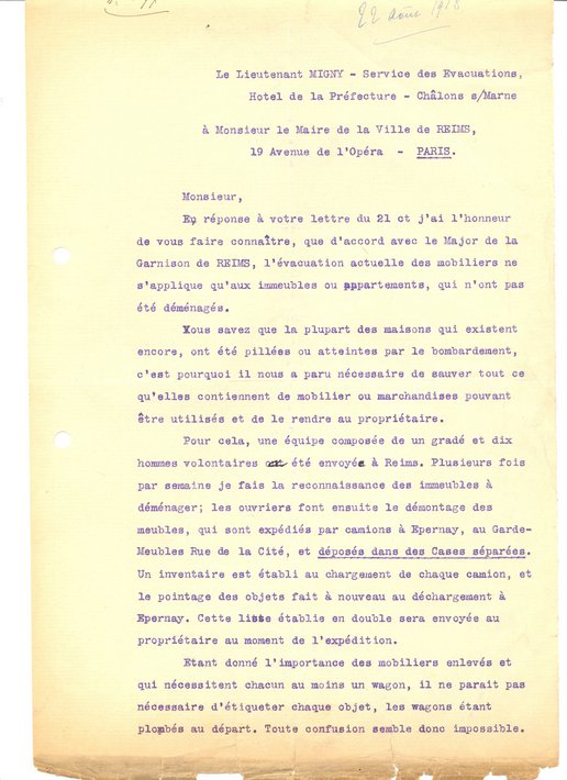 Lettre du service des évacuations au maire concernant le sauvetage des biens des bombardements et des pillages, 22 août 1918 