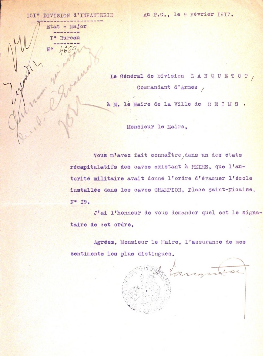 Lettre du général de Division adressée au maire concernant l’ordre d’évacuation de l’école située dans les caves Champion, 19 place Saint-Nicaise, 9 février 1917 