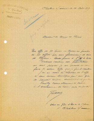 Lettre de la société C. Guichard de Châlons-sur-Marne annonçant au maire la possibilité de livrer 80 tonnes de sucre en poudre, 10 août 1918 