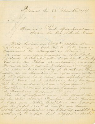 Courrier d’un Italien sollicitant l’aide du maire pour devenir Français après avoir œuvré à Reims, 22 décembre 1925