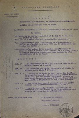Arrêté concernant la circulation, la fermeture d’établissements publics et les lumières de la place de Reims, 10 octobre 1916 