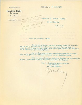 Courrier de remerciement au don du président de la République en faveur des Hospices civils, 13 juin 1928