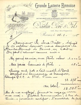 Courrier de M. Darlin de la Grande Laiterie Rémoise, employée au ravitaillement des Rémois, rappelant le vol de son matériel par l’occupant allemand, 25 janvier 1915 