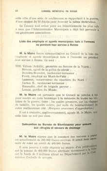 Délibération du 23 mars 1915 dressant la liste des employés et agents municipaux tués à l'ennemi ou pendant leur service à Reims : Messieurs Achille Villain, Brenon, Demitra-Beuvelet, Ferry, Lasseron, E. Carton, Renaudin et Lonois 