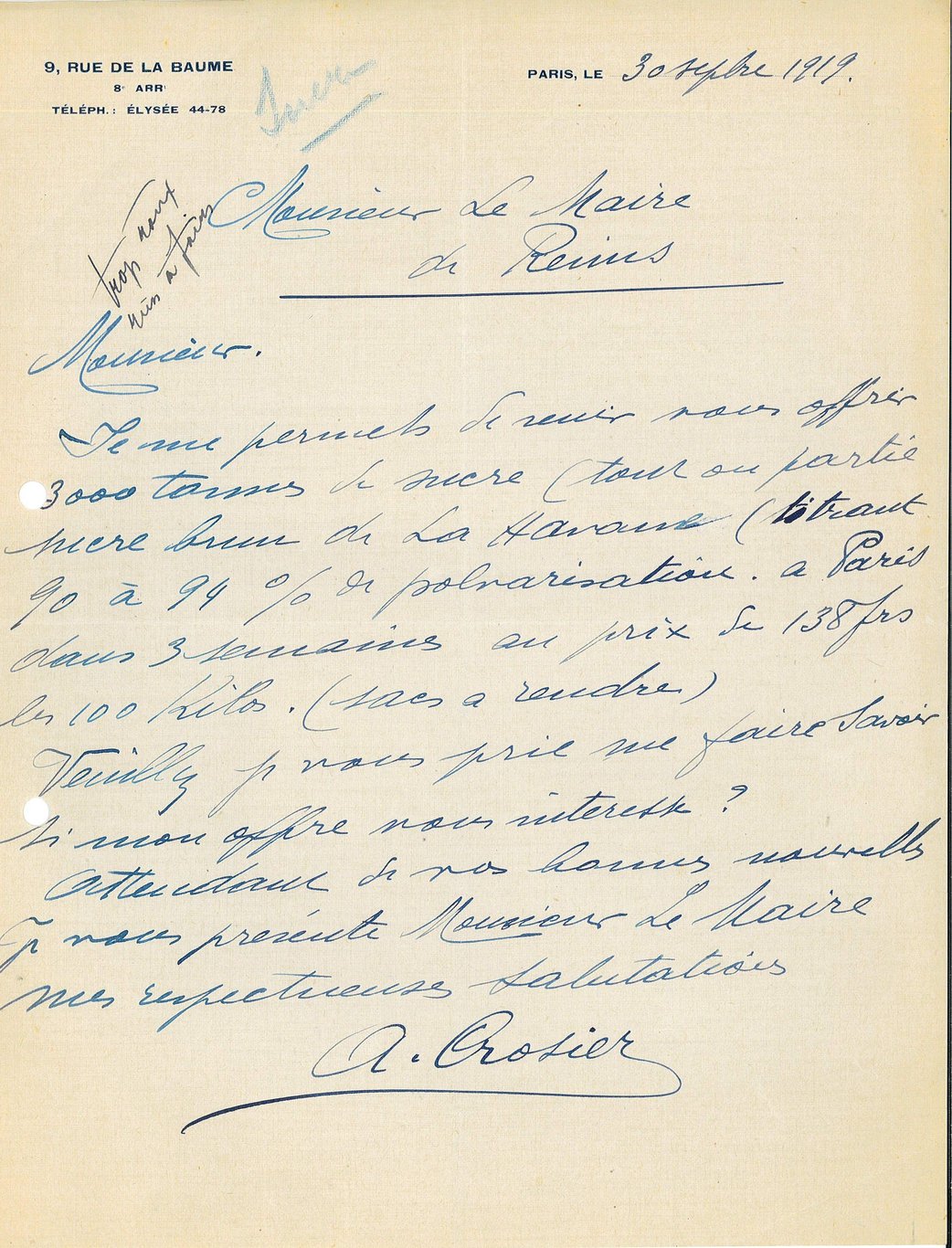 Lettre de A. Crosier proposant au maire la vente de 3 000 tonnes de sucre roux de La Havane, 30 septembre 1919 