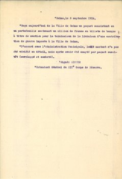 Extrait du compte-rendu de la séance du conseil municipal de Reims du 7 septembre 1914 attestant du paiement des réquisitions et de la caution 