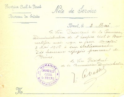 Note de service de l’Hospice de Brest pour l’accueil de 10 hommes, 3 mai 1916 