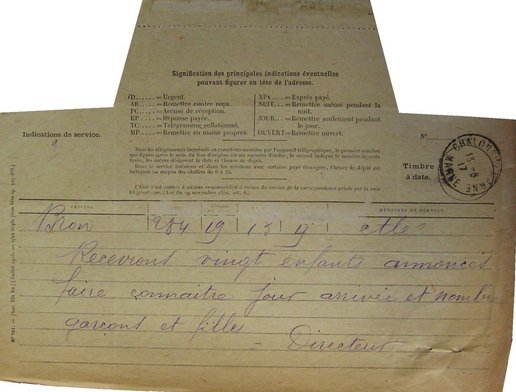Télégramme de la ville de Bron proposant d’accueillir 20 enfants, 19 mars 1917 
