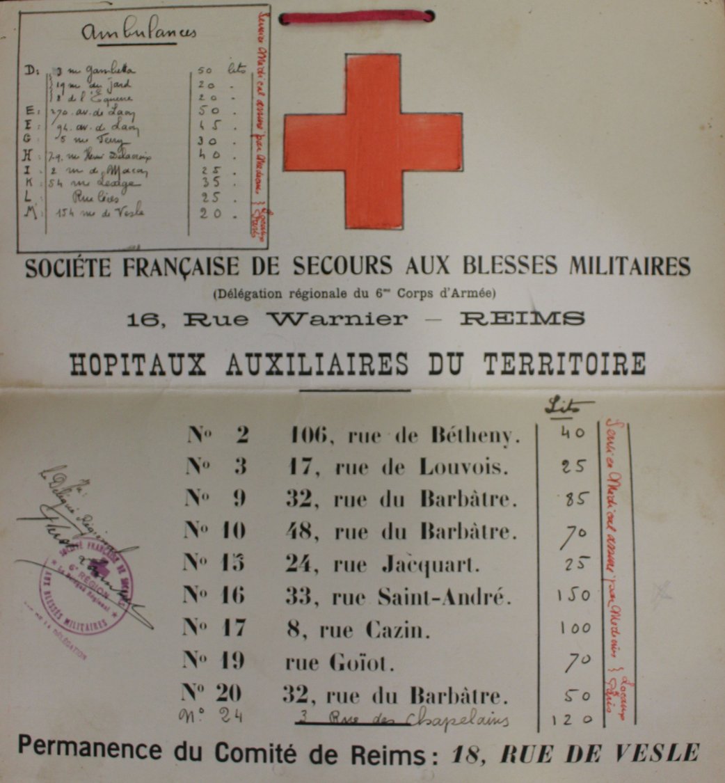 Liste des hôpitaux auxiliaires et des ambulances de la Société française de secours aux blessés militaires indiquant les adresses et le nombre de lits 