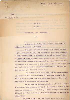 Note du maire sur l’enlèvement des décombres, 16 août 1920 