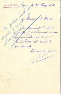 Lettre du 4 février 1919 de monsieur Cornelusse adressée au maire au sujet de ses démarches pour revenir à Reims et la nécessité d’obtenir au préalable un certificat de la mairie de Reims. 