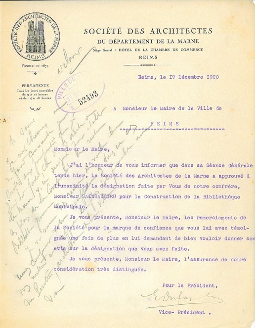 Courrier de la Société des architectes de la Marne relatif à la désignation de l’architecte Max Sainsaulieu pour la réalisation de la bibliothèque, 17 décembre 1920 