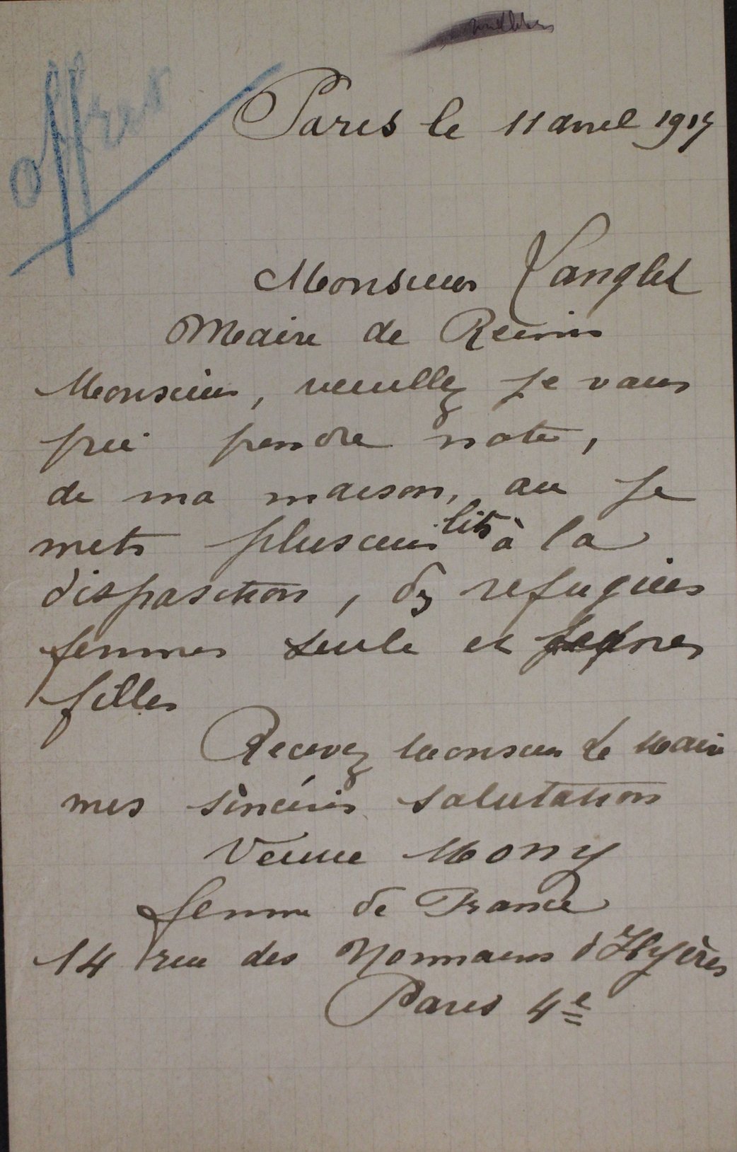 Lettre de Mme Mony, proposant d’accueillir plusieurs femmes et filles en sa demeure, 11 avril 1917 