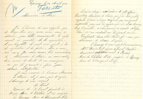 Courrier d’une rémoise réclamant un dédommagement à la suite de la réquisition d’une bicyclette à Reims en 1915, 24 avril 1916 