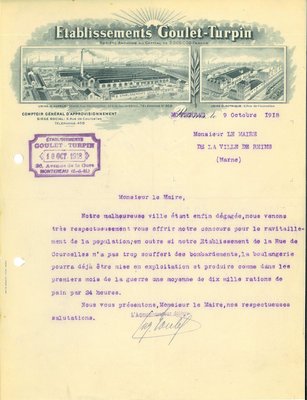 Lettre de la société Goulet-Turpin proposant son concours pour le ravitaillement de la population, 9 octobre 1918 