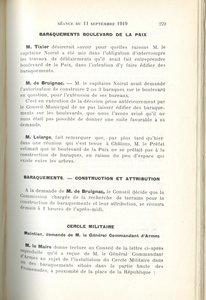 Délibération sur la recherche de terrains pour la construction de baraques et attribution de ces baraques. Commission, 11 septembre 1919