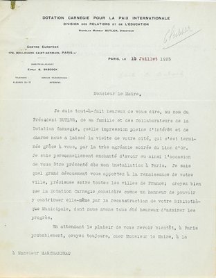 Courrier de la Dotation Carnegie relatif à son aide pour la reconstruction de la bibliothèque, 10 juillet 1925 