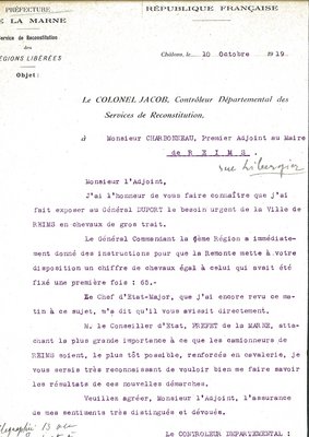 Courrier du service de reconstitution des régions libérées relatif au besoin urgent de chevaux à Reims, 10 octobre 1919 