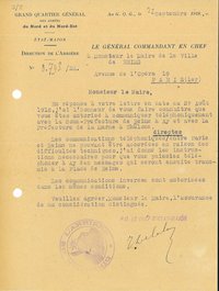 Lettre du grand quartier général des armées du Nord-Est informant le maire que les communications téléphoniques entre Paris et Reims ne sont pas encore rétablies, 22 septembre 1918