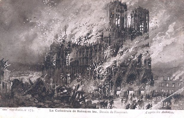 Carte postale, « La cathédrale de Reims en feu. Dessin de Fraipont d'après les Annales », 1914 