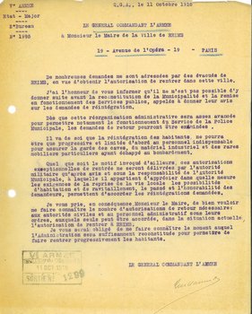 Lettre du général commandant de l’Armée informant le maire de Reims que les retours des réfugiés ne pourront se faire avant la réorganisation de l’autorité municipale dans la cité, 11 octobre 1918 