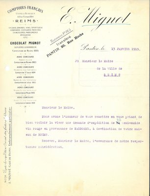 Lettre des Comptoirs français E. Mignot annonçant au maire la livraison de 42 demi-muids de vin rouge provenant de Narbonne, 13 janvier 1919 