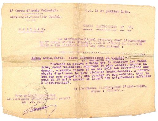 Note précisant que M. Ancel sera assisté de 3 hommes du RIT (Régiment d’Infanterie territoriale) de la cathédrale pour charger les vitraux dans le camion, 4 juillet 1918 