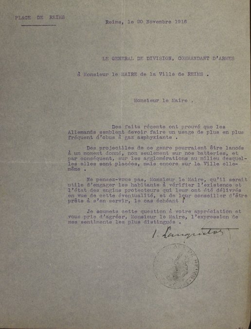 Lettre du général de division, commandant d’Armes de Reims au maire de Reims demandant le contrôle des masques à gaz, 20 novembre 1916 