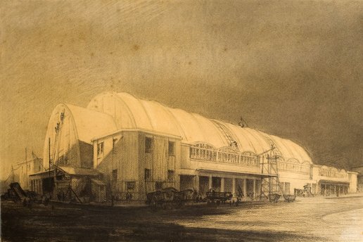 Vue générale des halles de Reims, dessin au fusain de l’architecte Emile Maigrot, 1927-1929