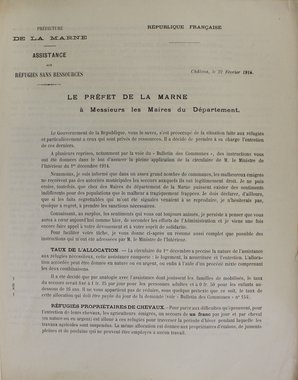 Circulaire préfectorale concernant l’assistance aux réfugiés sans ressource, 2 février 1916