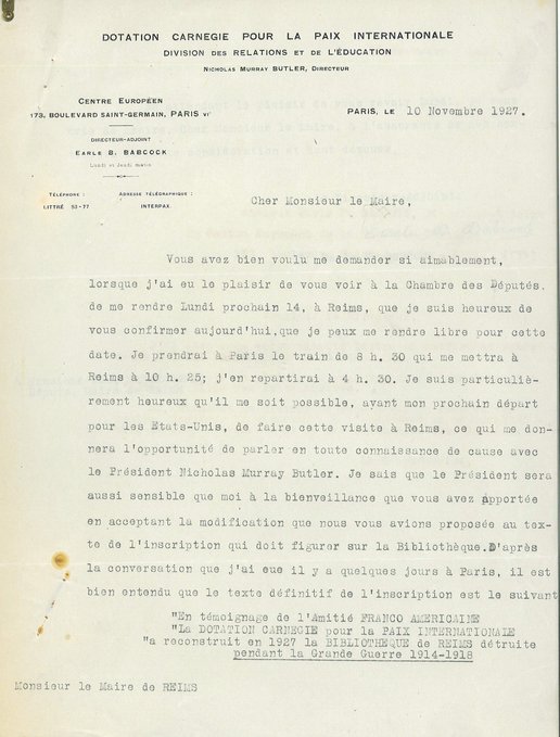 Courrier de la Dotation Carnegie relatif à son aide pour la reconstruction de la bibliothèque, 10 novembre 1927 