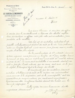 Lettre de la société Le Guen et Lemonnier de Saint-Paul de Léon informant le maire de la possibilité de ravitailler en légumes les sociétés coopératives et les cantines de Reims, 14 août 1919 