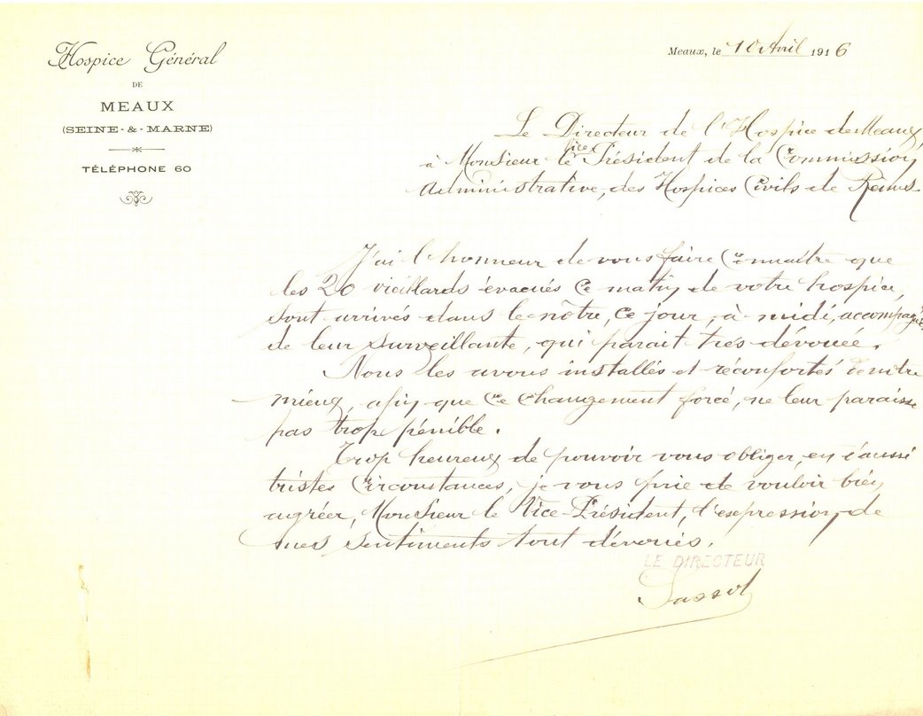Courrier de l’Hospice général de Meaux pour l’accueil de 5 hommes et 15 femmes, 12 mars 1916 
