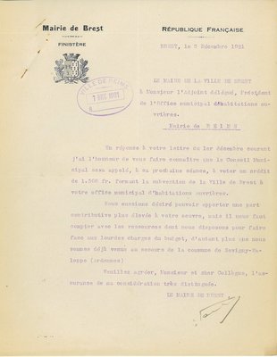 Courrier du maire de Brest relatif au don pour la construction de maisons ouvrières, 3 décembre 1921 