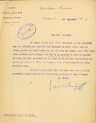 Courrier du maire de Toulouse relatif au don pour la construction de maisons ouvrières, 26 septembre 1921