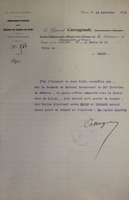Réglementation de la circulation du CBR adressée par le général Cassagnade, commandant d’armes de Reims au maire de Reims, 18 novembre 1914 