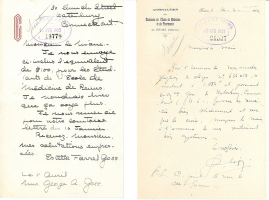 Courriers relatifs au don d’une américaine en faveur de l’École de médecine, avril 1922 