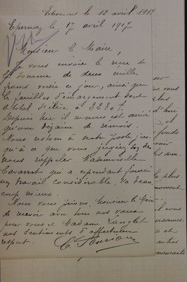 Lettre de M. Fouriaux concernant l’accueil des réfugiés à Epernay, 17 avril 1917