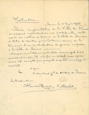 Courrier (et sa traduction) de l’intendant Zimmer du 12e corps saxon de réserve attestant la livraison de la caution d’un million de francs, 5 septembre 1914