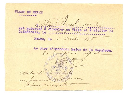 Autorisation de circuler dans Reims et de pénétrer dans la cathédrale accordée à M. Ancel, 5 octobre 1918 