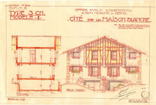Façades sur rue, jardin, coupe et pignon des maisons type 3 chambres modèle 1 de la cité-jardin de la Maison Blanche, Herbé et Deffaux, 21 juillet 1924 