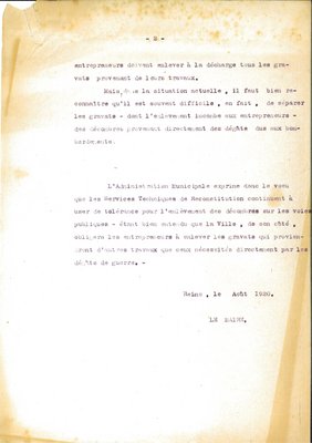 Note du maire sur l’enlèvement des décombres, 16 août 1920 