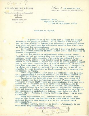 Lettre de la société des Pêcheurs réunis annonçant au maire qu’ils peuvent fournir la ville de Reims en poisson de mer frais,15 février 1919 