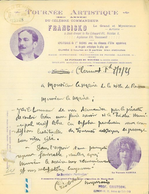 Courrier d’un artiste illusionniste relatif à son passage à Reims, 8 aout 1925 