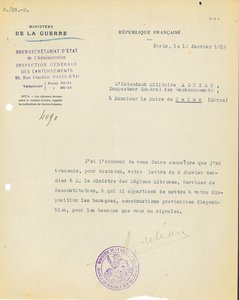 Lettre de l’intendant militaire au maire de Reims annonçant la mise à disposition de baraques par le service de Reconstitution du ministère des Régions libérées, 15 janvier 1919