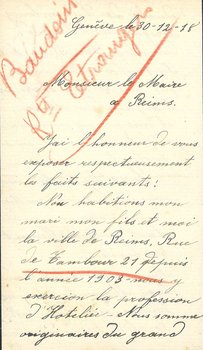 Lettre de madame Hansen, restauratrice rue du Tambour ayant quitté Reims en 1914, expliquant au maire la situation de sa famille et leurs origines luxembourgeoises, 30 décembre 1918 