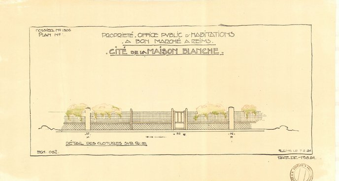 Plan, détail des clôtures sur rue des maisons de la cité-jardin de la Maison Blanche, Herbé et Deffaux, 7 aout 1924 